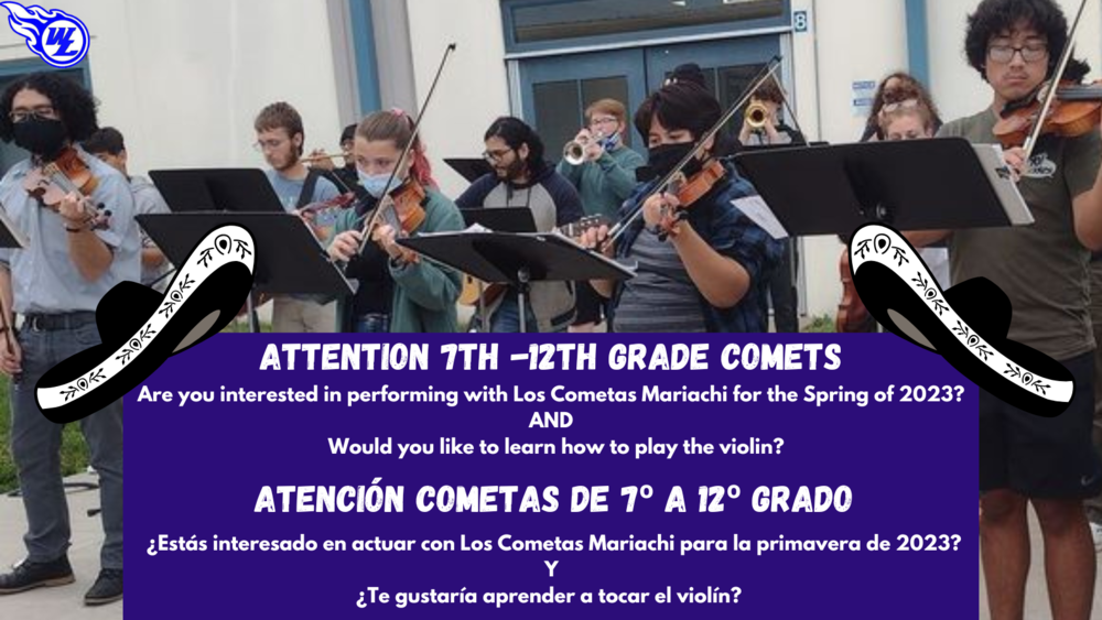 Violin Lessons for 7-12th grade Comets interested in performing with Los Cometas Mariachi