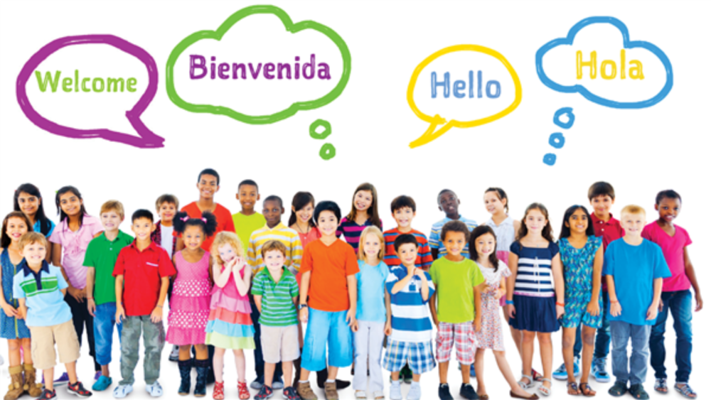 Dual Language Header - Children saying Welcome and Hello in both English and Spanish