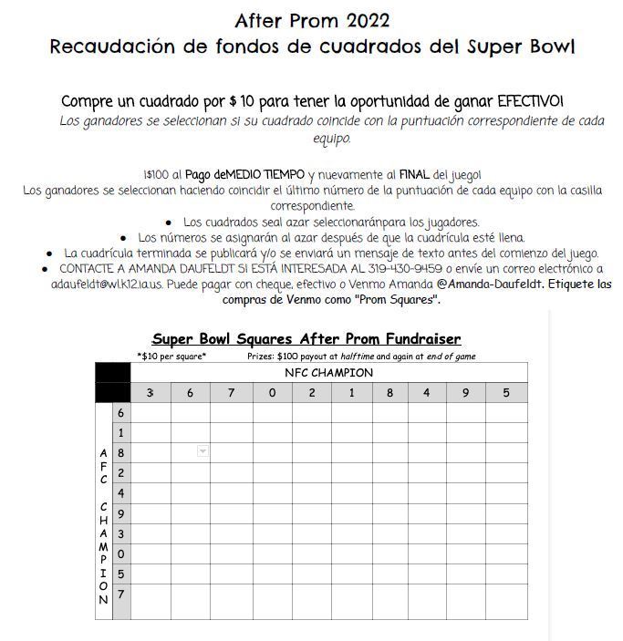 2022 After Prom Super Bowl Squares Fundraiser Spanish