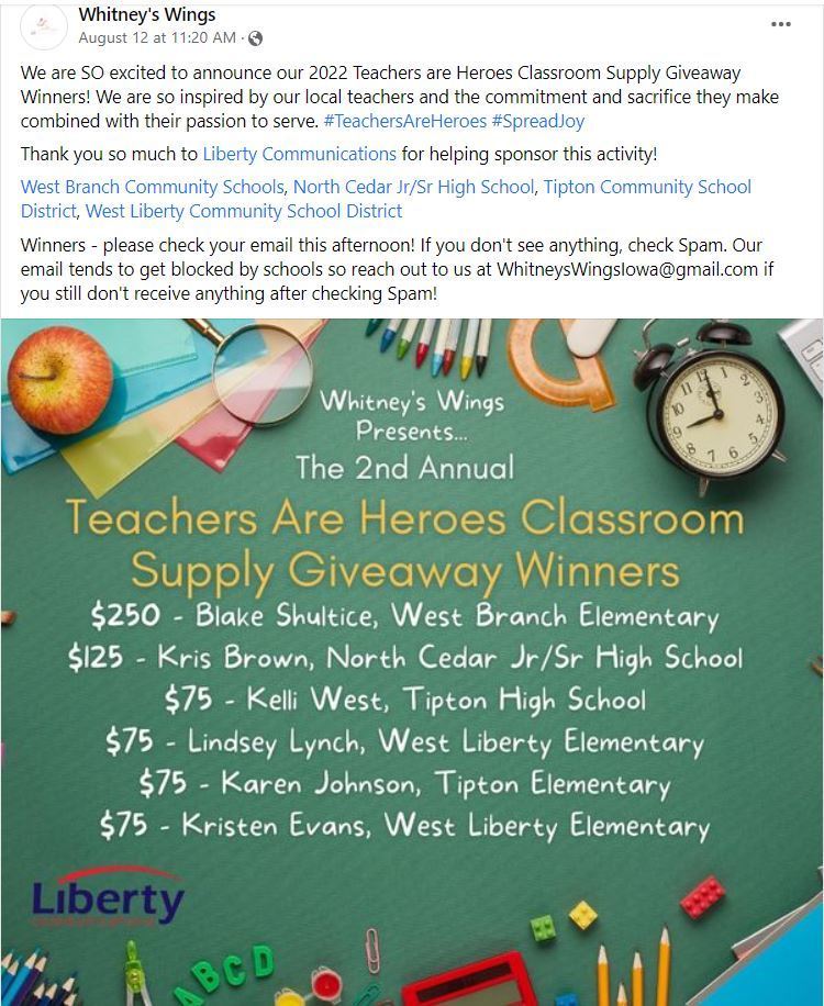 Whitney's Wings Teachers are Heroes Classroom Supply Giveaway Winners