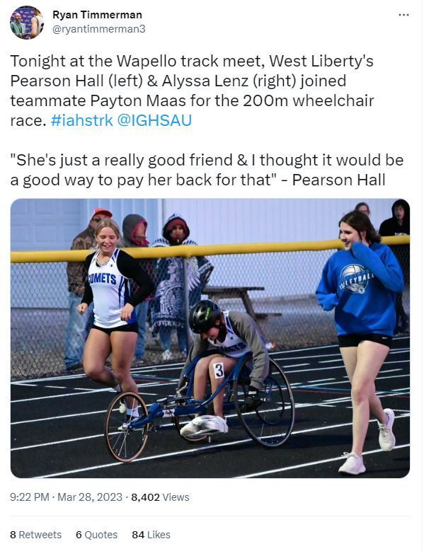 Pearson Hall and Alyssa Lenz join teammate Payton Mass for the 200 m wheelchair race